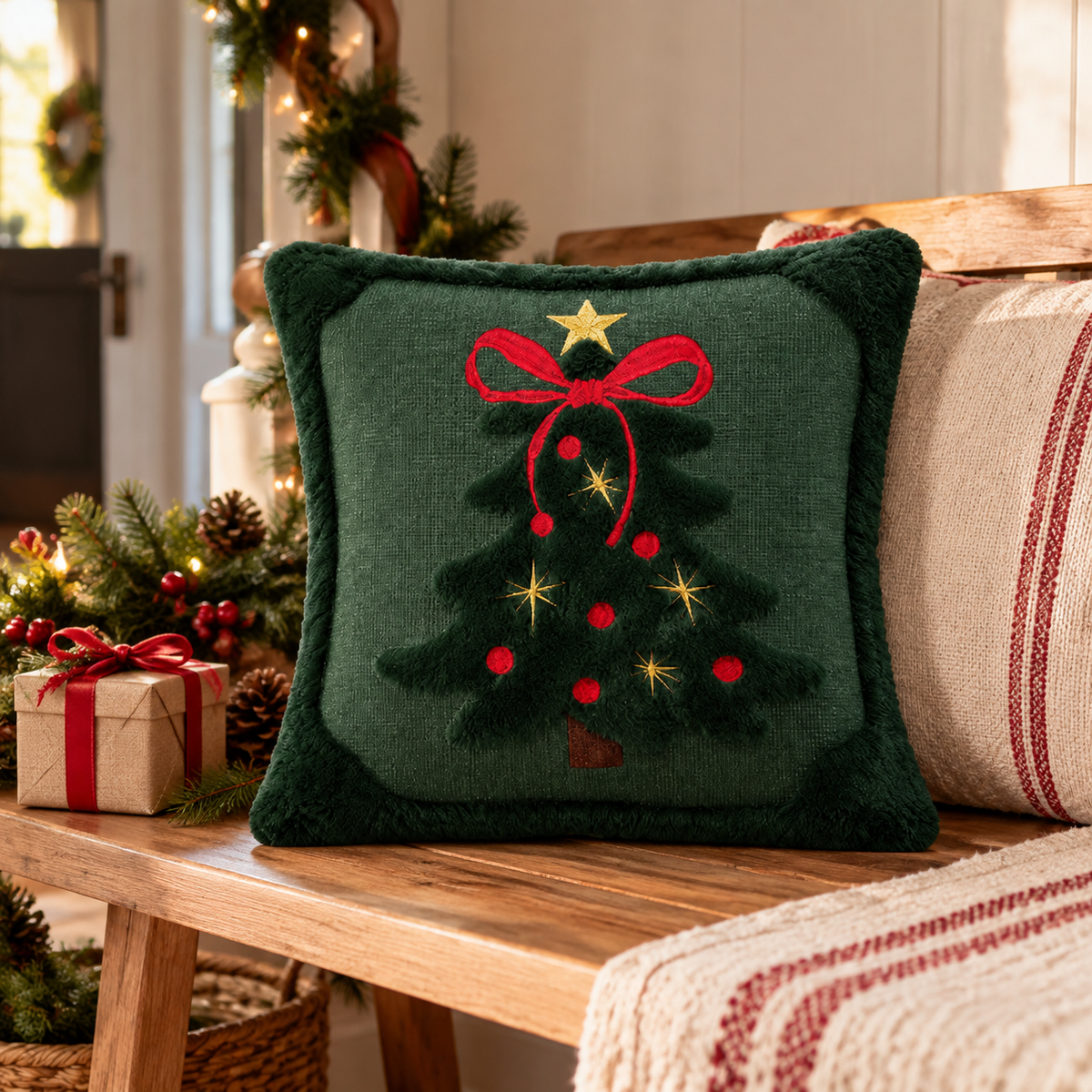 🎄 Christmas Tree Decorative Pillow | Embroidered Holiday Throw Pillow | Plush Christmas Cushion | Festive Home Décor