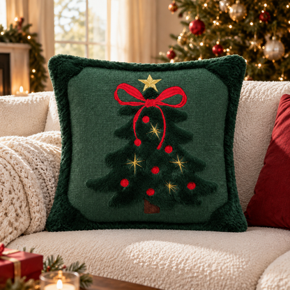 🎄 Christmas Tree Decorative Pillow | Embroidered Holiday Throw Pillow | Plush Christmas Cushion | Festive Home Décor