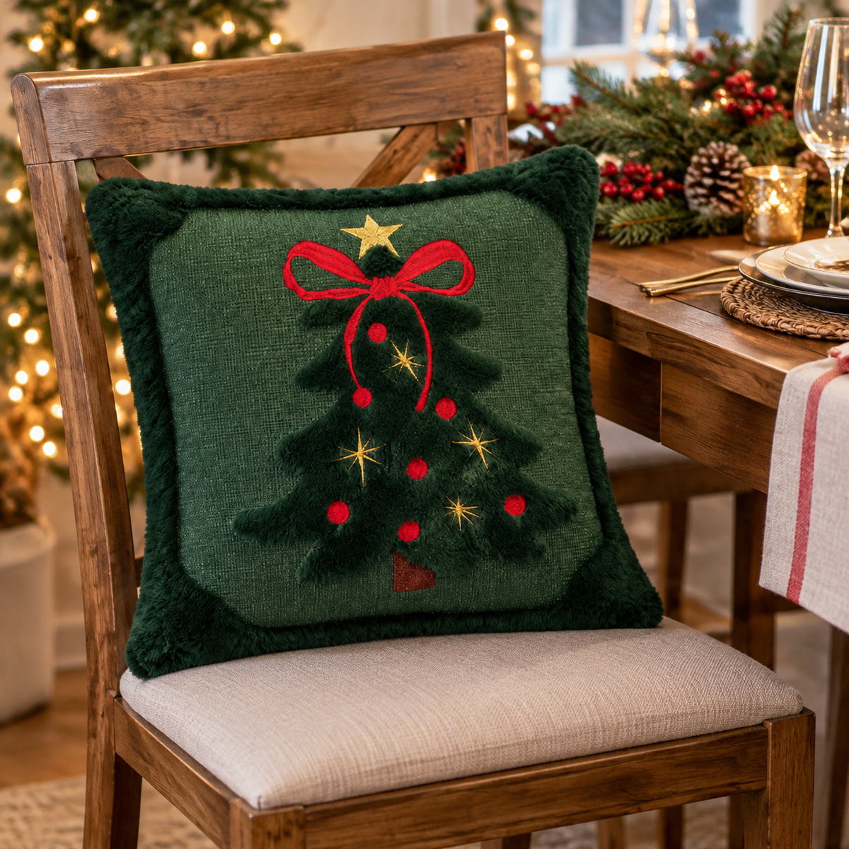 🎄 Christmas Tree Decorative Pillow | Embroidered Holiday Throw Pillow | Plush Christmas Cushion | Festive Home Décor