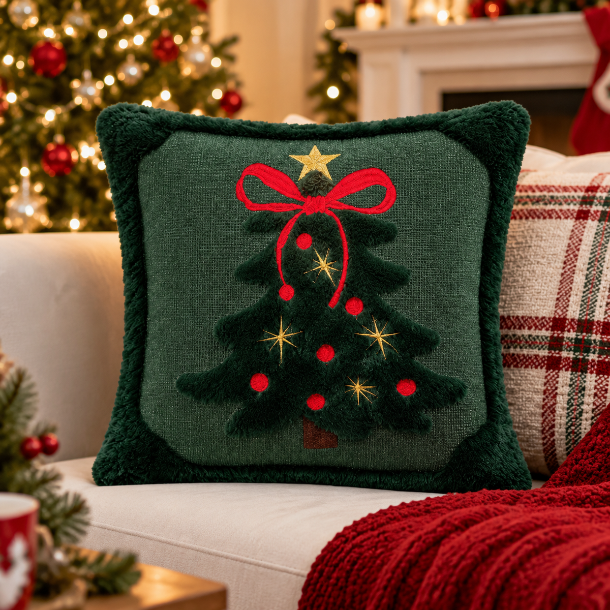 🎄 Christmas Tree Decorative Pillow | Embroidered Holiday Throw Pillow | Plush Christmas Cushion | Festive Home Décor