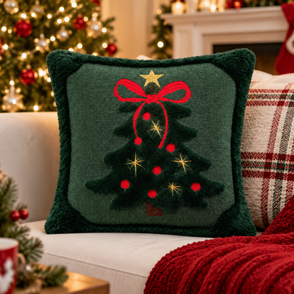 🎄 Christmas Tree Decorative Pillow | Embroidered Holiday Throw Pillow | Plush Christmas Cushion | Festive Home Décor