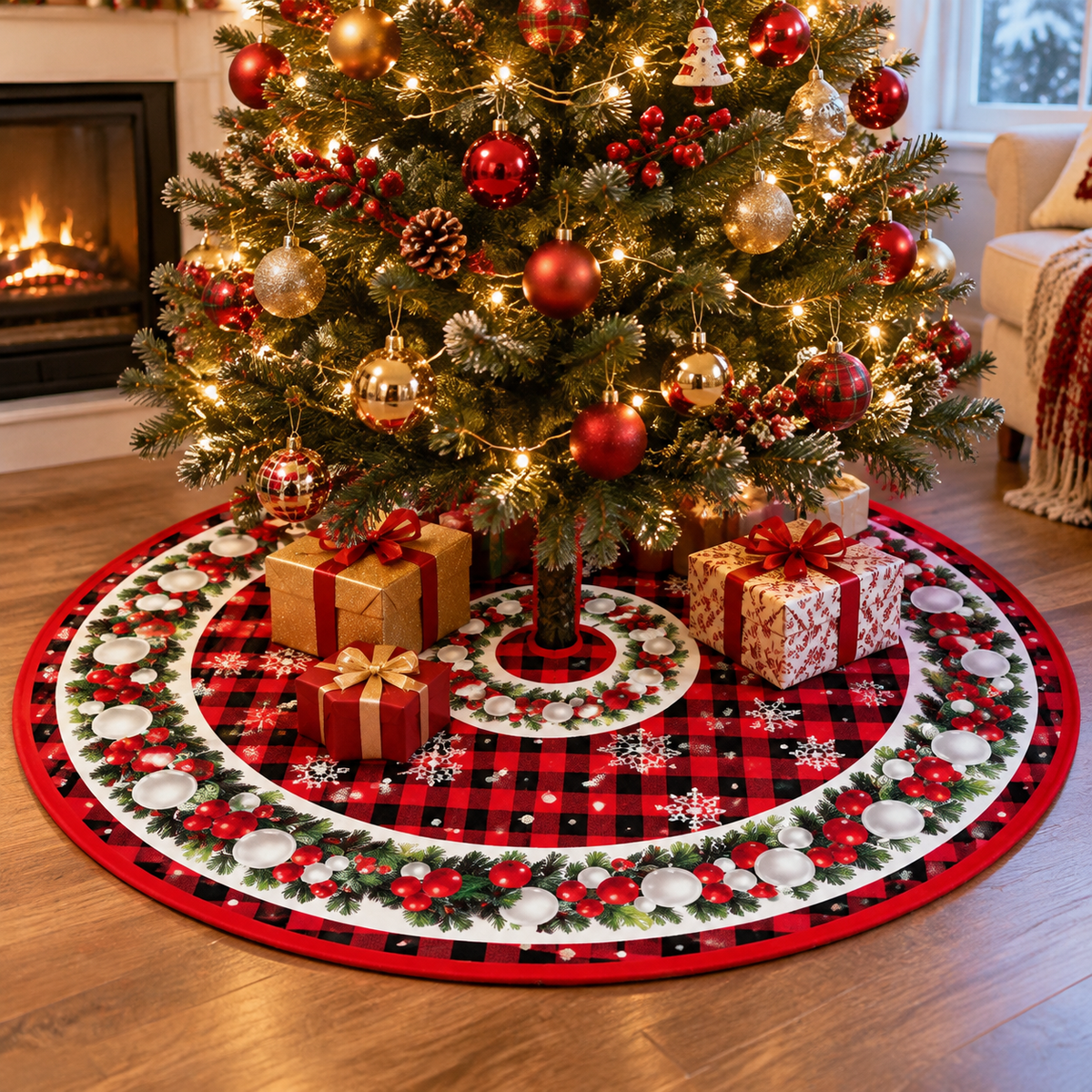 🎄 Christmas Tree Skirt | Red & Black Plaid Tree Base Cover | Festive Holiday Christmas Tree Decor
