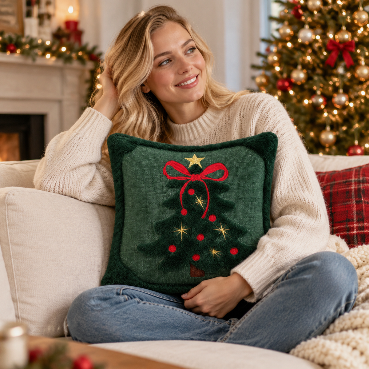 🎄 Christmas Tree Decorative Pillow | Embroidered Holiday Throw Pillow | Plush Christmas Cushion | Festive Home Décor