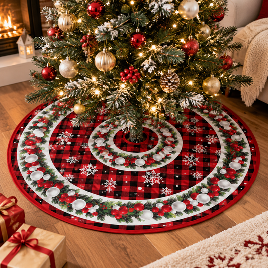 🎄 Christmas Tree Skirt | Red & Black Plaid Tree Base Cover | Festive Holiday Christmas Tree Decor