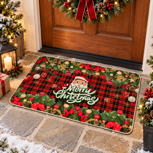 🎅Christmas Door Mat | Merry Christmas Holiday Entrance Mat | Festive Santa Plaid Welcome Mat | Christmas Home Décor