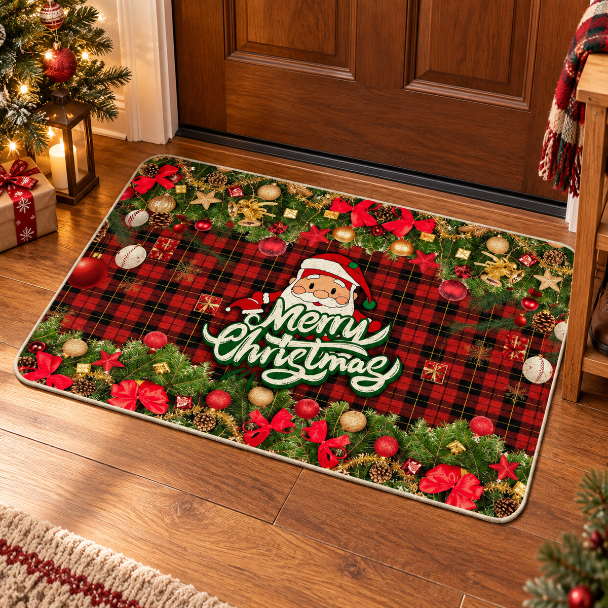 🎅Christmas Door Mat | Merry Christmas Holiday Entrance Mat | Festive Santa Plaid Welcome Mat | Christmas Home Décor