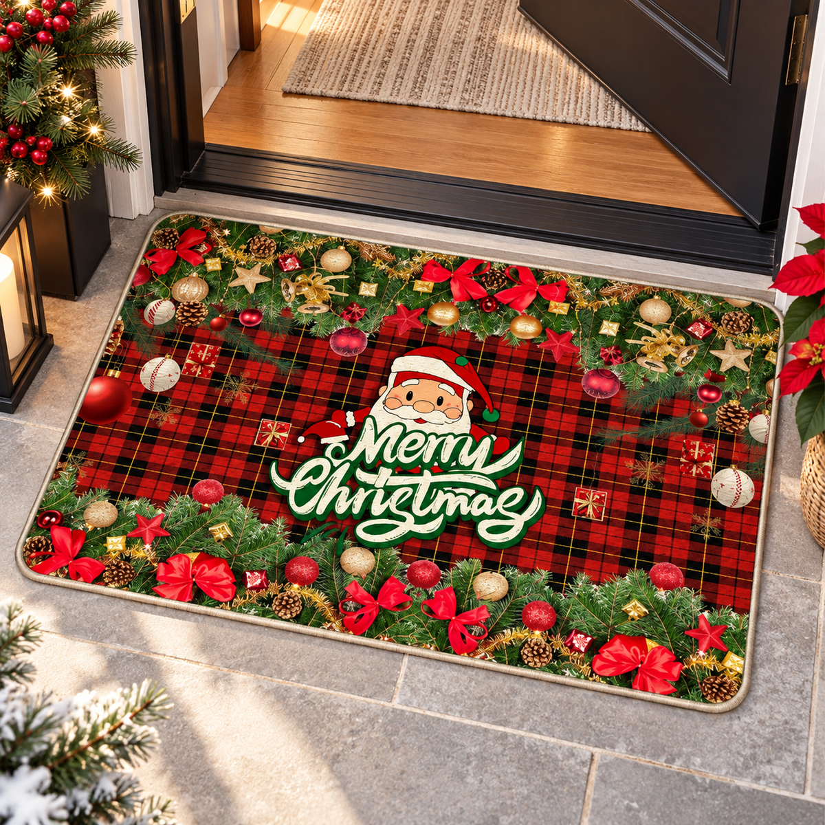 🎅Christmas Door Mat | Merry Christmas Holiday Entrance Mat | Festive Santa Plaid Welcome Mat | Christmas Home Décor