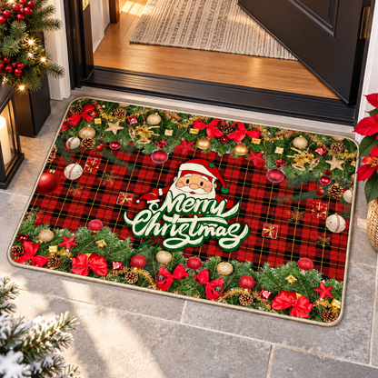 🎅Christmas Door Mat | Merry Christmas Holiday Entrance Mat | Festive Santa Plaid Welcome Mat | Christmas Home Décor