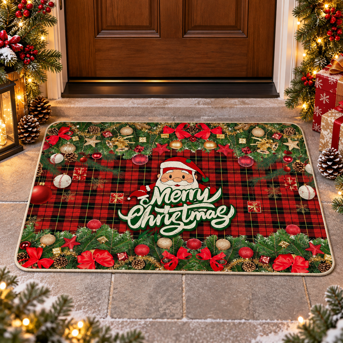 🎅Christmas Door Mat | Merry Christmas Holiday Entrance Mat | Festive Santa Plaid Welcome Mat | Christmas Home Décor
