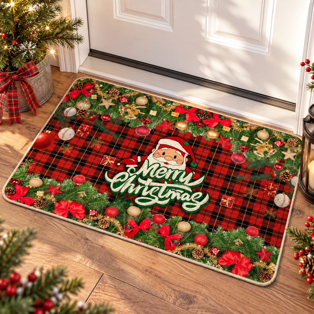 🎅Christmas Door Mat | Merry Christmas Holiday Entrance Mat | Festive Santa Plaid Welcome Mat | Christmas Home Décor