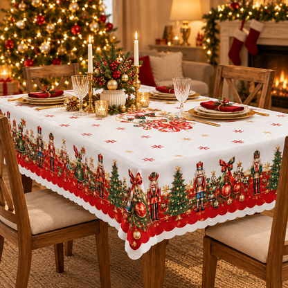 🎄 Christmas Tablecloth | Nutcracker & Christmas Tree Table Cover | Holiday Dining Table Decor
