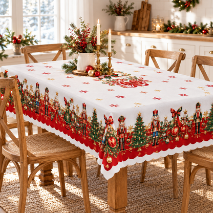 🎄 Christmas Tablecloth | Nutcracker & Christmas Tree Table Cover | Holiday Dining Table Decor