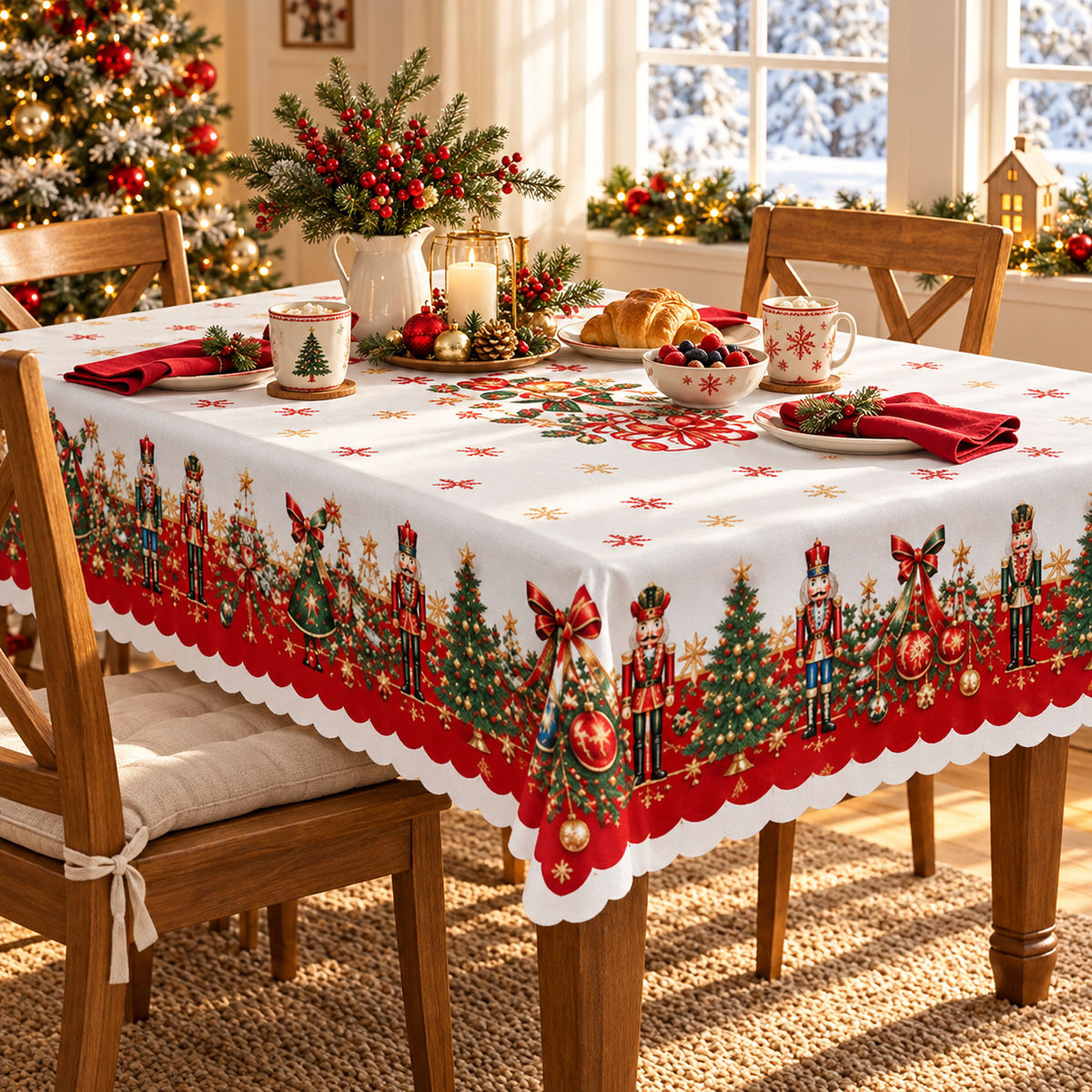 🎄 Christmas Tablecloth | Nutcracker & Christmas Tree Table Cover | Holiday Dining Table Decor