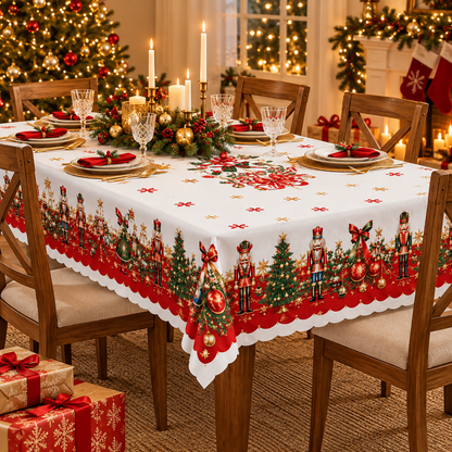 🎄 Christmas Tablecloth | Nutcracker & Christmas Tree Table Cover | Holiday Dining Table Decor