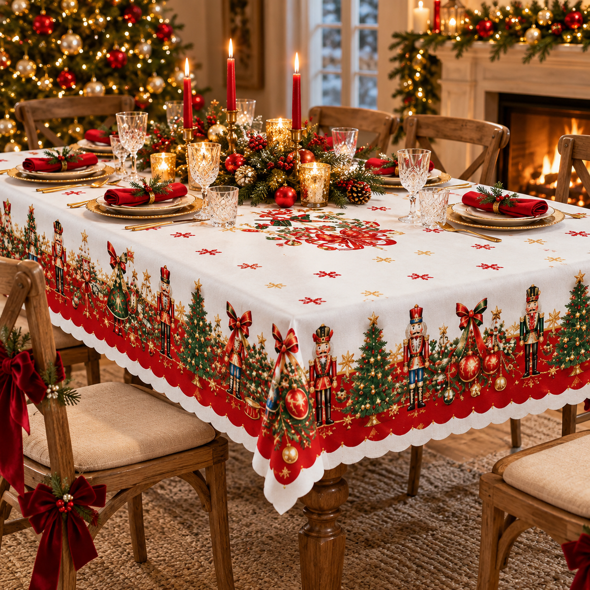 🎄 Christmas Tablecloth | Nutcracker & Christmas Tree Table Cover | Holiday Dining Table Decor