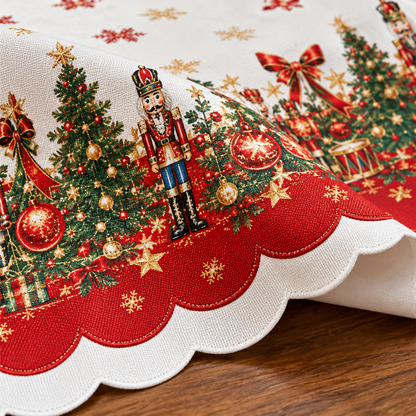 🎄 Christmas Tablecloth | Nutcracker & Christmas Tree Table Cover | Holiday Dining Table Decor
