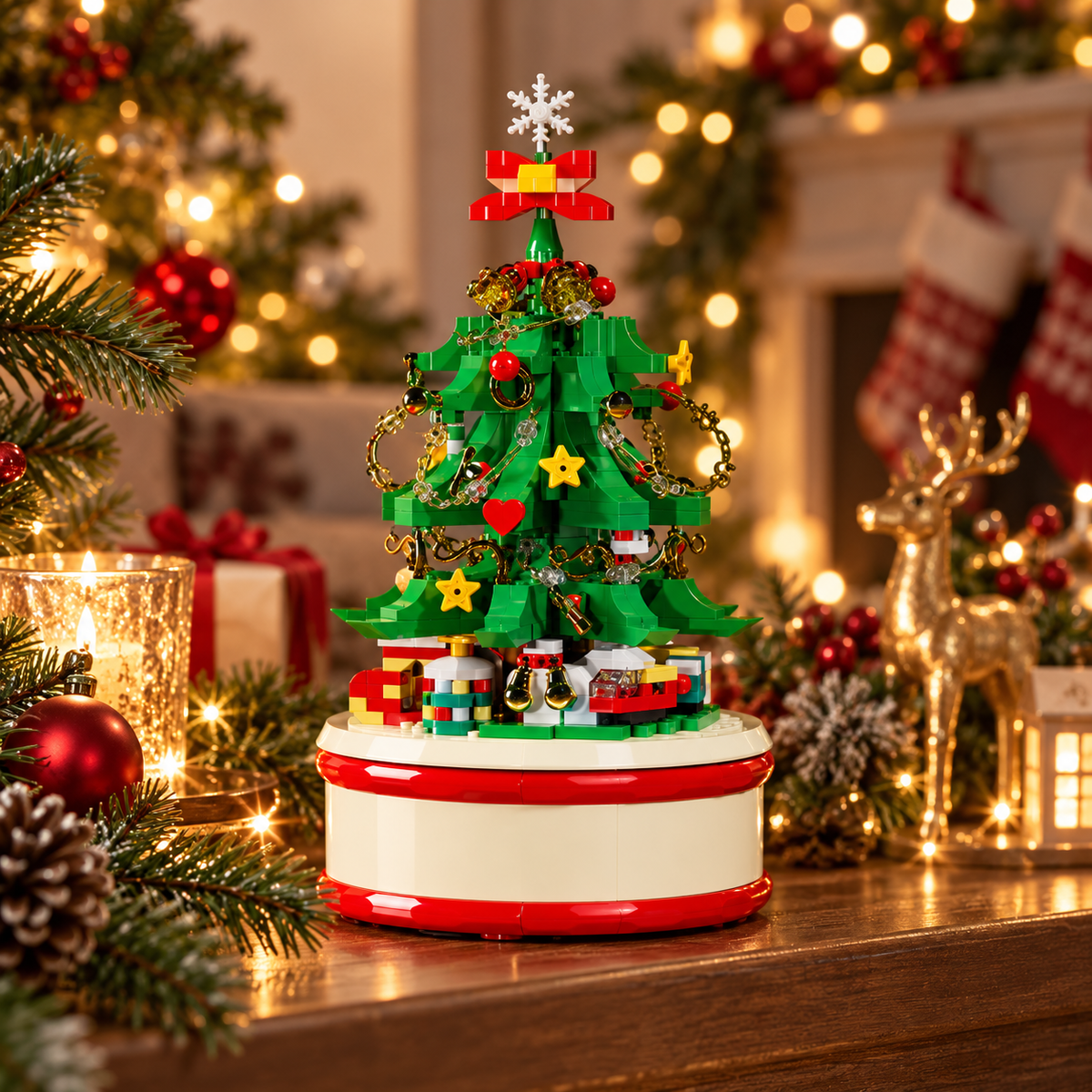🎄 Rotating Christmas Music Box | Building Block Christmas Tree | Musical Holiday Tabletop Decoration