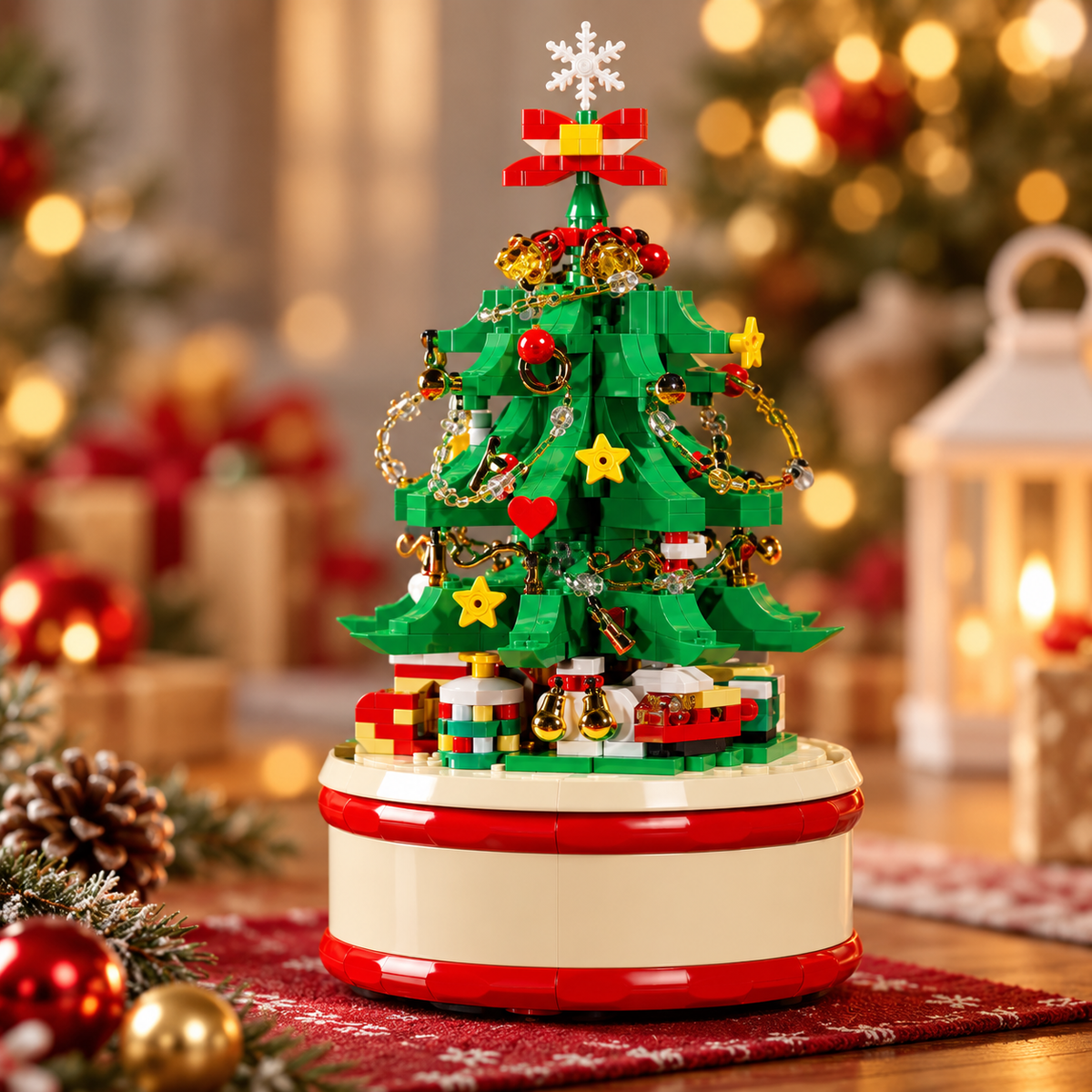 🎄 Rotating Christmas Music Box | Building Block Christmas Tree | Musical Holiday Tabletop Decoration