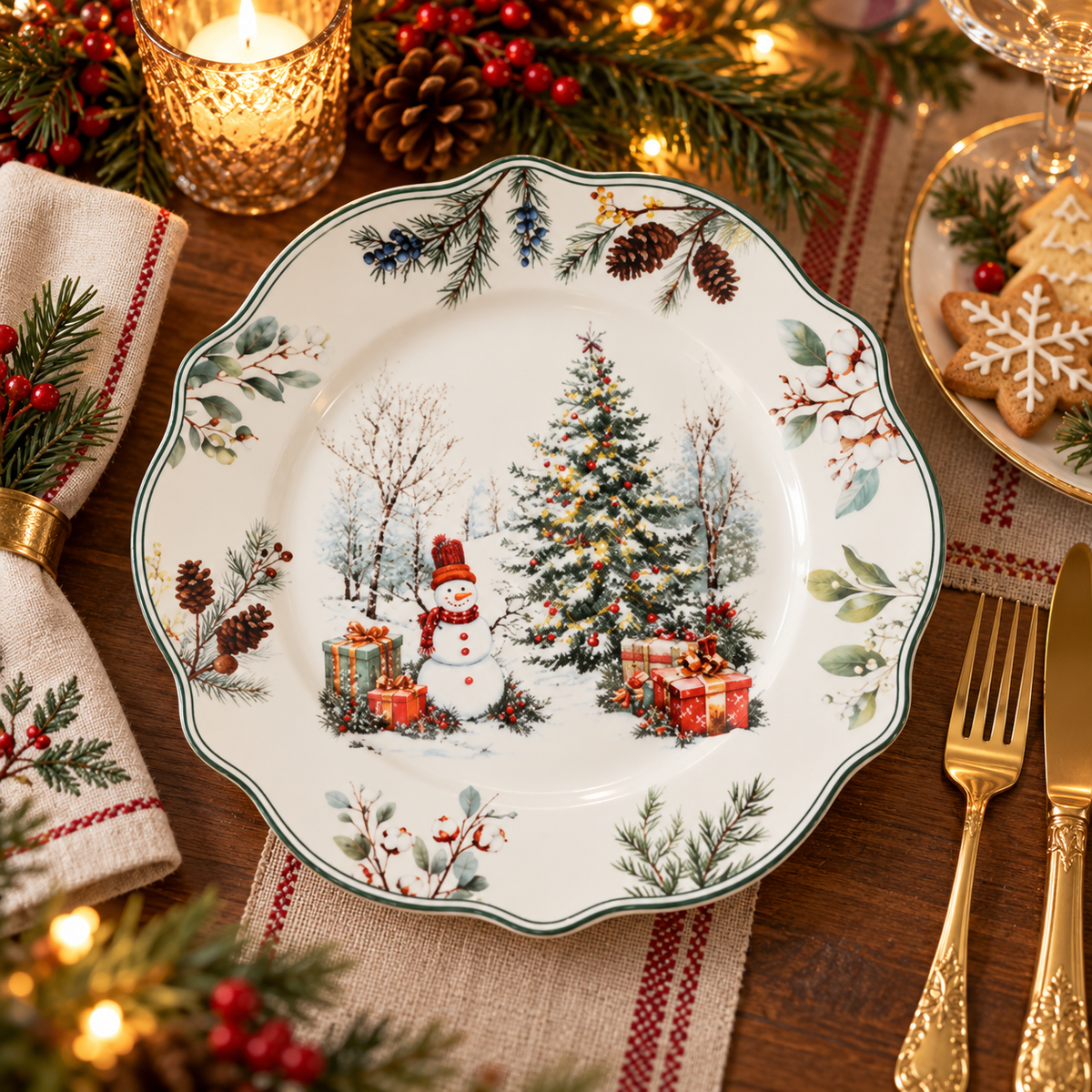 🎄 Christmas Ceramic Dinner Plate | Festive Holiday Tableware | Christmas Tree & Snowman Plate