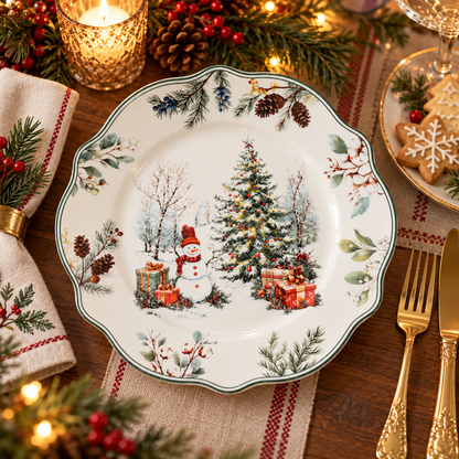 🎄 Christmas Ceramic Dinner Plate | Festive Holiday Tableware | Christmas Tree & Snowman Plate