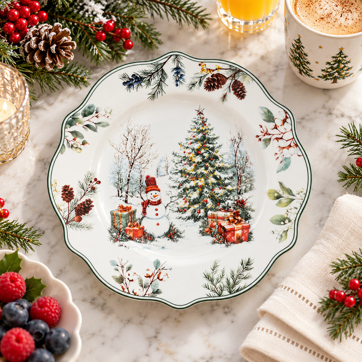 🎄 Christmas Ceramic Dinner Plate | Festive Holiday Tableware | Christmas Tree & Snowman Plate