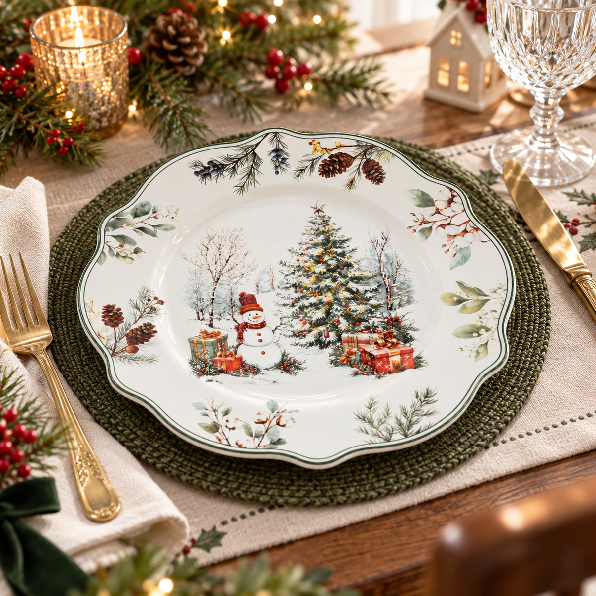 🎄 Christmas Ceramic Dinner Plate | Festive Holiday Tableware | Christmas Tree & Snowman Plate