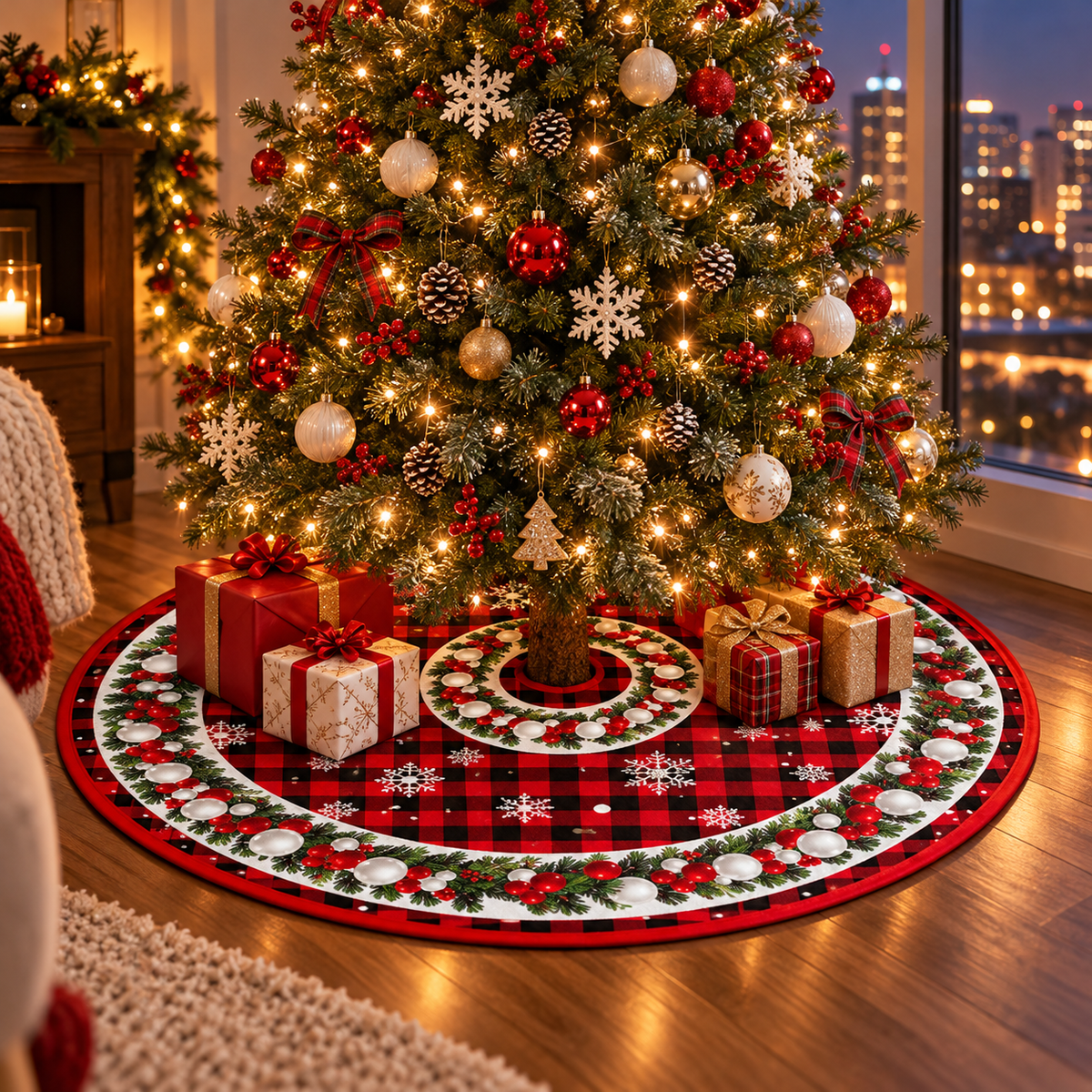 🎄 Christmas Tree Skirt | Red & Black Plaid Tree Base Cover | Festive Holiday Christmas Tree Decor
