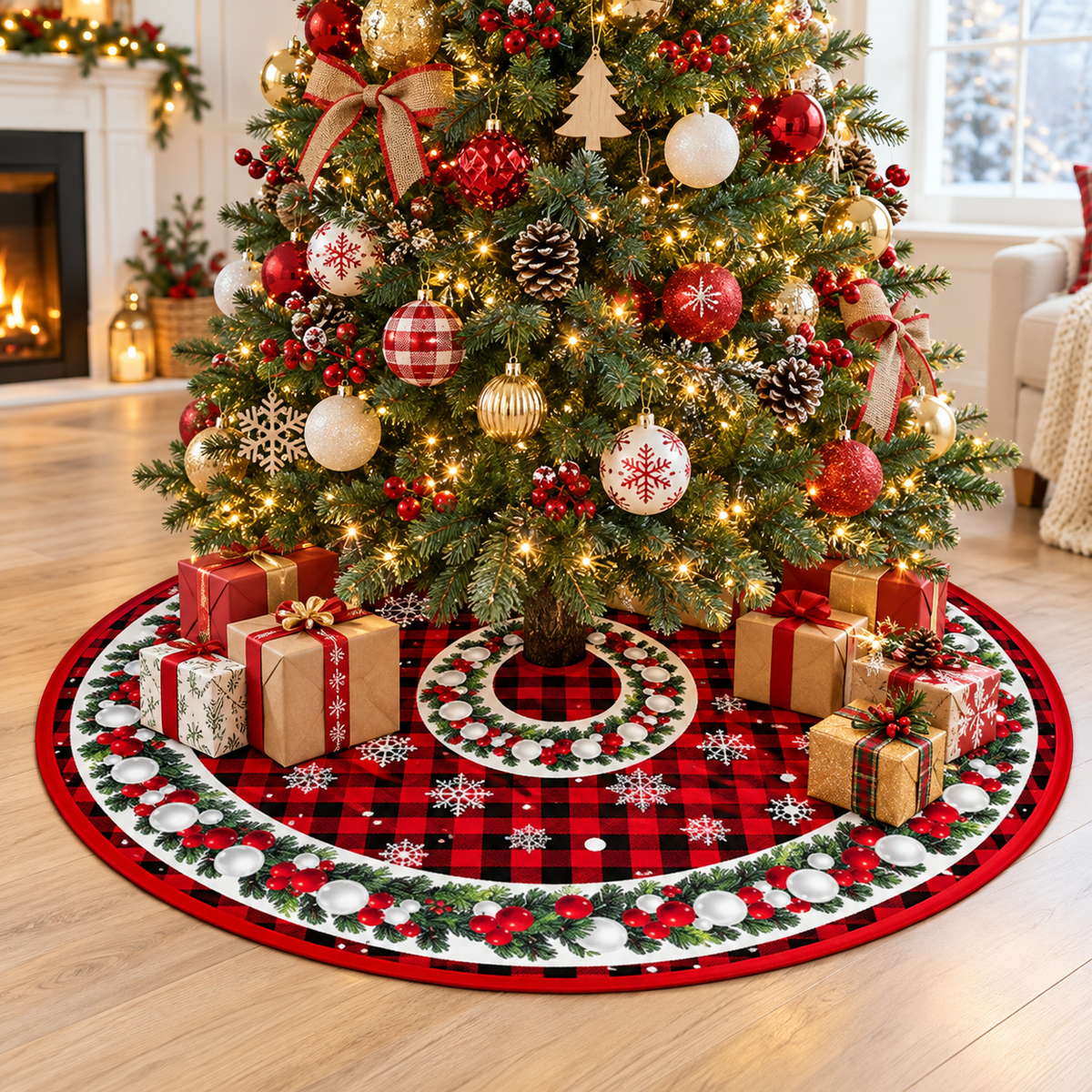 🎄 Christmas Tree Skirt | Red & Black Plaid Tree Base Cover | Festive Holiday Christmas Tree Decor