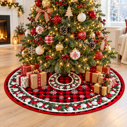 🎄 Christmas Tree Skirt | Red & Black Plaid Tree Base Cover | Festive Holiday Christmas Tree Decor