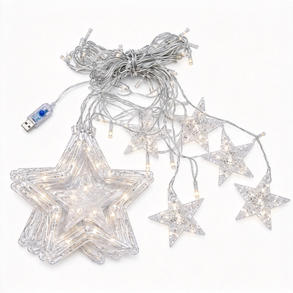 🎄 Christmas Curtain Lights | Star-Shaped LED String Lights | USB Warm White Window Lights | Holiday Home Decor