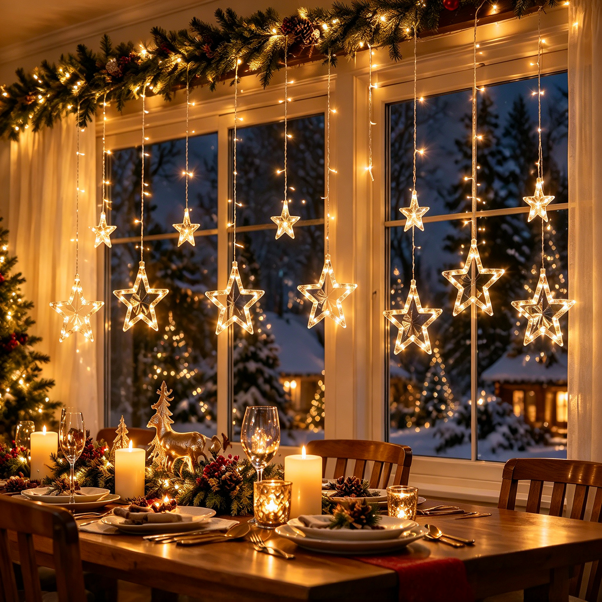 🎄 Christmas Curtain Lights | Star-Shaped LED String Lights | USB Warm White Window Lights | Holiday Home Decor