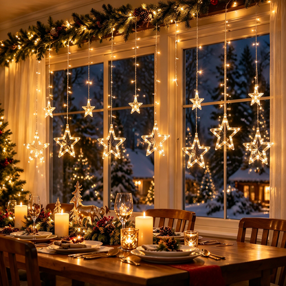 🎄 Christmas Curtain Lights | Star-Shaped LED String Lights | USB Warm White Window Lights | Holiday Home Decor