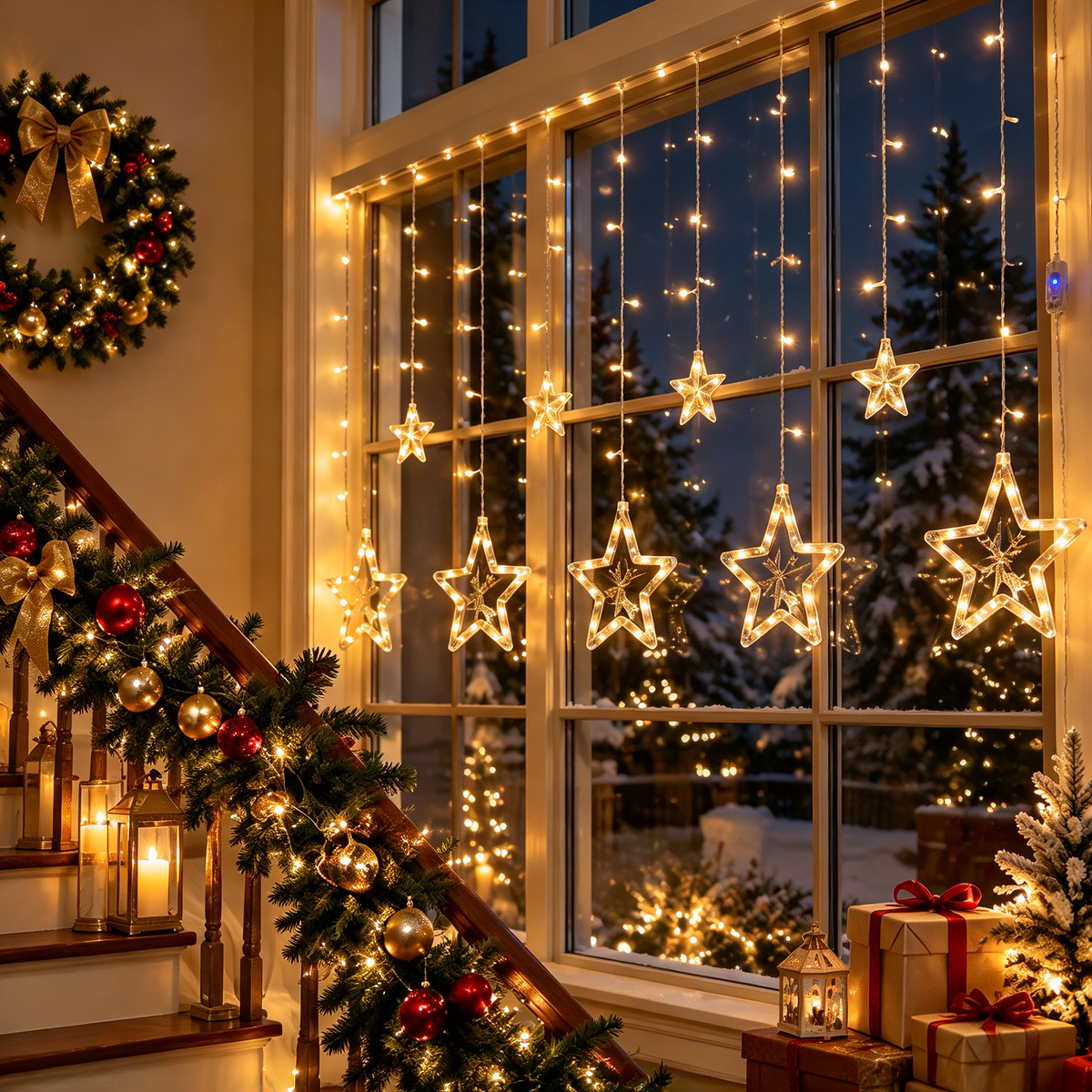 🎄 Christmas Curtain Lights | Star-Shaped LED String Lights | USB Warm White Window Lights | Holiday Home Decor