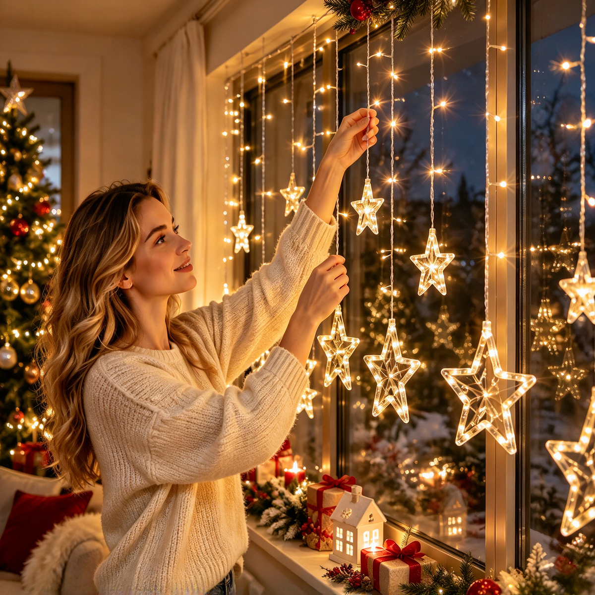 🎄 Christmas Curtain Lights | Star-Shaped LED String Lights | USB Warm White Window Lights | Holiday Home Decor