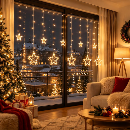 🎄 Christmas Curtain Lights | Star-Shaped LED String Lights | USB Warm White Window Lights | Holiday Home Decor
